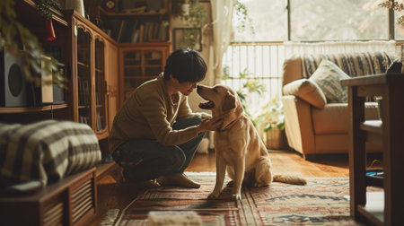 happy people at home with favorite pet , love and friendship of human and animal pragmaの素材