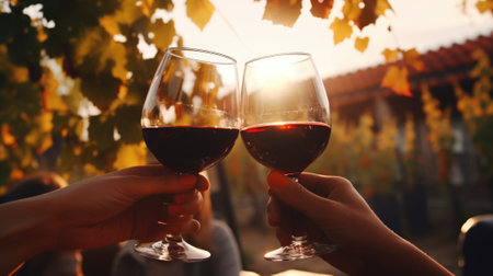 Group of friends gathering for wine tasting in countryside vineyard in summer harvesting season cheering and toasting with friendship comelinessの素材