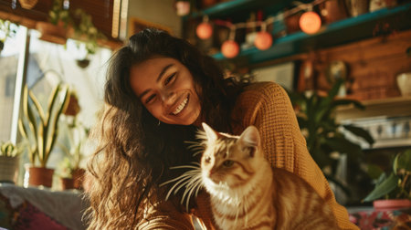 happy people at home with favorite pet , love and friendship of human and animal pragmaの素材
