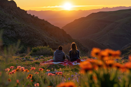 romantic sunrise mountain hiking with love of travel pragmaの素材