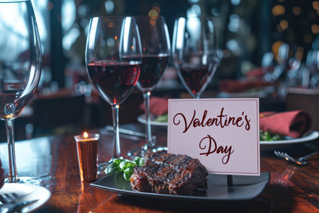 Valentines Day supreme luxurious dinner of steak and wine in restaurant pragmaの素材