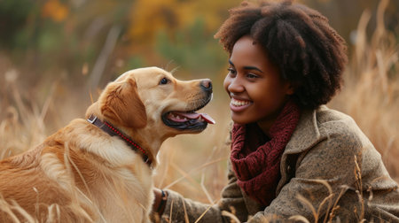 playful dog and its owner in nature outdoor , healthy lifestyle pragmaの素材