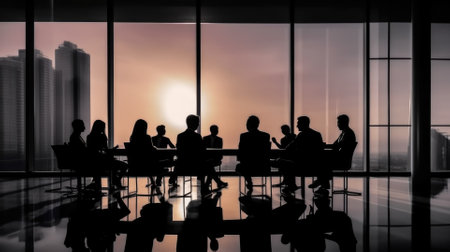 Silhouettes of group of business people against sunset comelinessの素材