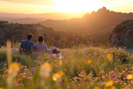 romantic sunrise mountain hiking with love of travel pragmaの素材