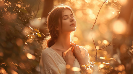 young beautiful woman with nature pragma, green spring season ladyの素材