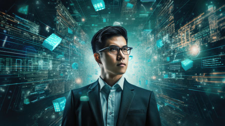 Business person overloaded by stress from business data and information that come from work, technology, social media and marketing business strategy received by a corporate employeeの素材