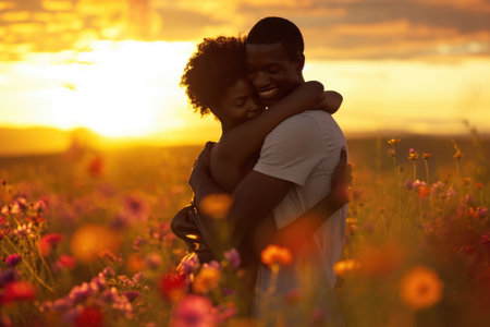 beautiful romance of lovers on valentines day in nature outdoors embracing with affection pragma . african american black people .の素材