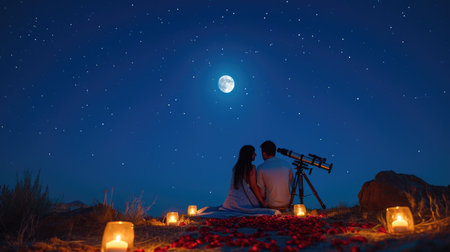 young couple looking out to romantic night sky in valentines day pragmaの素材