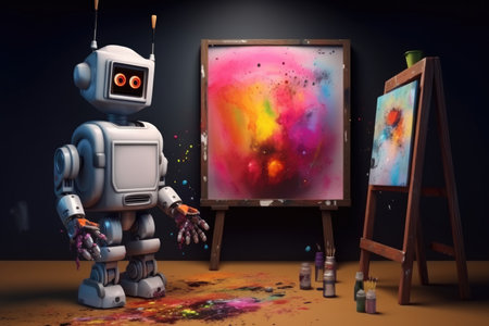 Concept of generative AI art technology, robot painting picture in studio. comelinessの素材