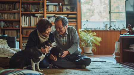 happy people at home with favorite pet , love and friendship of human and animal pragmaの素材
