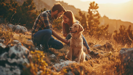 playful dog and its owner in nature outdoor , healthy lifestyle pragmaの素材