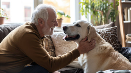 happy people at home with favorite pet , love and friendship of human and animal pragmaの素材