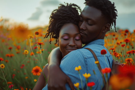 beautiful romance of lovers on valentines day in nature outdoors embracing with affection pragma . african american black people .の素材