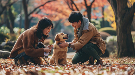 playful dog and its owner in nature outdoor , healthy lifestyle pragmaの素材