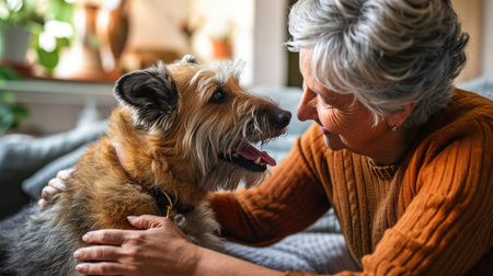 happy people at home with favorite pet , love and friendship of human and animal pragmaの素材