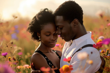 beautiful romance of lovers on valentines day in nature outdoors embracing with affection pragma . african american black people .の素材