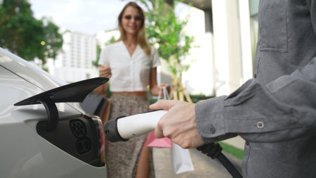Young couple travel with EV electric car charging at green sustainable home in summer shows urban sustainability lifestyle by green clean rechargeable energy of electric vehicle innardsの写真素材