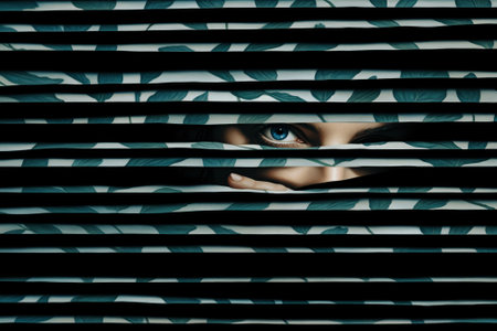 Scary eye peek out of strip lines abstract concept of unhappy vision minimal comelinessの素材