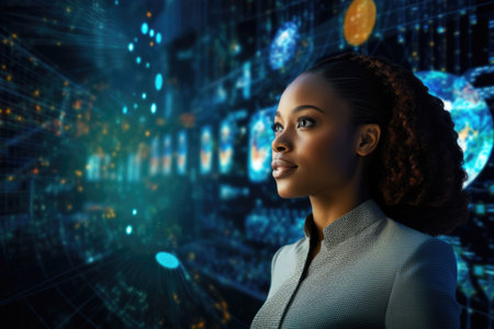 Tech analyst study cyber data chart from corporate system for statistical analytic defining marketing plan and strategy to compete in futuristic technology businessの素材