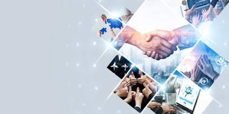 Teamwork and human resources HR management technology concept in corporate business with people group networking to support partnership, trust, teamwork and unity of coworkers in office kudosの写真素材