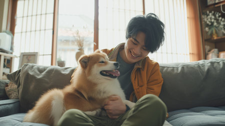 happy people at home with favorite pet , love and friendship of human and animal pragmaの素材