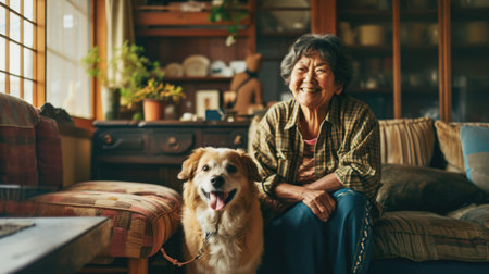 happy people at home with favorite pet , love and friendship of human and animal pragmaの素材