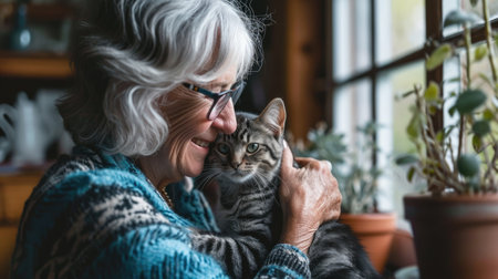 happy people at home with favorite pet , love and friendship of human and animal pragmaの素材