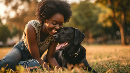 playful dog and its owner in nature outdoor , healthy lifestyle pragmaの素材