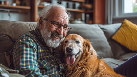 happy people at home with favorite pet , love and friendship of human and animal pragmaの素材