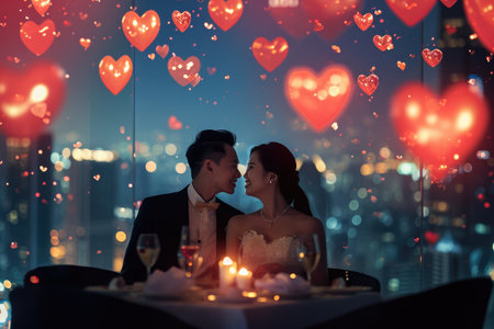 couple in valentines day night at romantic restaurant celebrating their love pragmaの素材