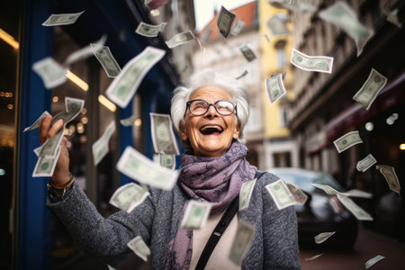 Happy person getting bonus money and banknotes flying in the air and get lucky rich and financial freedom comelinessの素材