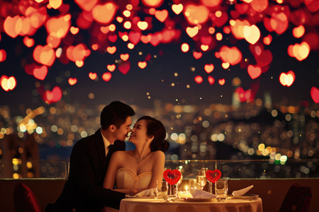 couple in valentines day night at romantic restaurant celebrating their love pragmaの素材