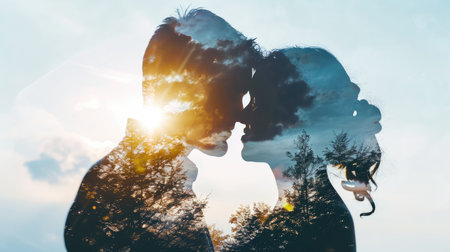 young couple in love , beautiful nature background , valentines day pragmaの素材