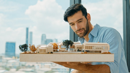 Businessman in casual outfit holding house model while checking house construction. Architect...