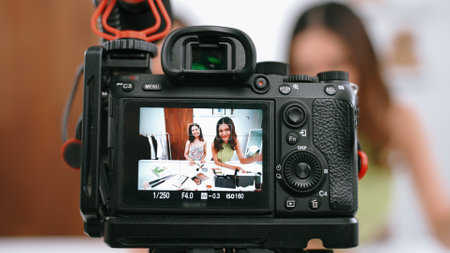 Rear view behide camera screen display two women influencer shoot live streaming vlog video review...