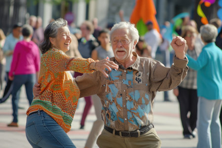 senior people dance on the street in fun festival pragma , happy retirement conceptの素材