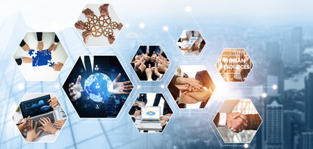 Teamwork and human resources HR management technology concept in corporate business with people group networking to support partnership, trust, teamwork and unity of coworkers in office kudosの写真素材