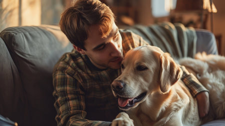 happy people at home with favorite pet , love and friendship of human and animal pragmaの素材