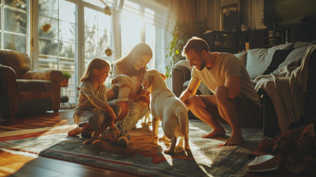happy people at home with favorite pet , love and friendship of human and animal pragmaの素材