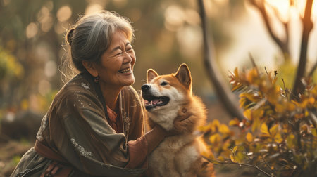 playful dog and its owner in nature outdoor , healthy lifestyle pragmaの素材
