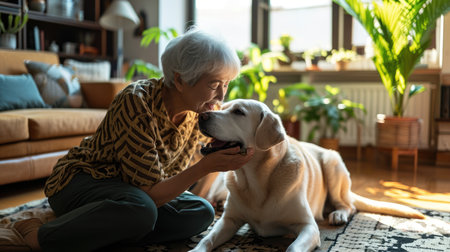 happy people at home with favorite pet , love and friendship of human and animal pragmaの素材