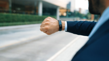 Closeup of professional businessman hand show smart watch and pointing the times. Professional boss,...