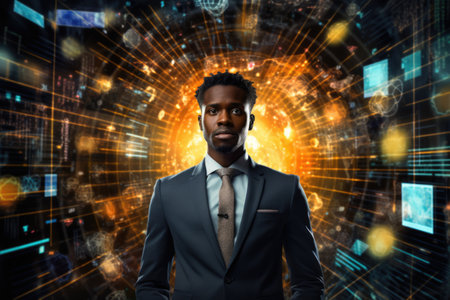 Business person overloaded by stress from business data and information that come from work, technology, social media and marketing business strategy received by a corporate employeeの素材