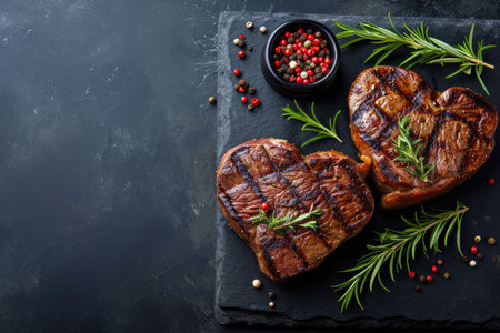 grilled beef steak for valentines day pragma in black backgroundの素材