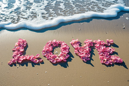 romantic beach of love rose petals on the coastline wide view pragma