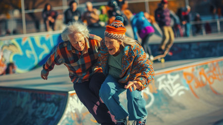 senior couple play in skateboard park pragma , happy retirement conceptの素材