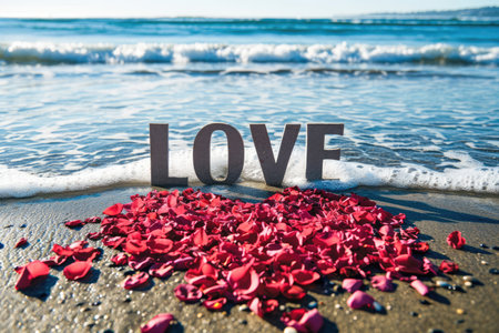 romantic beach of love rose petals on the coastline wide view pragmaの素材