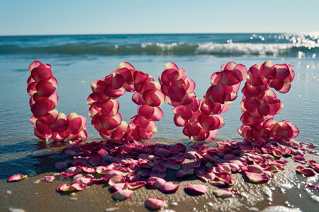 romantic beach of love rose petals on the coastline wide view pragmaの素材