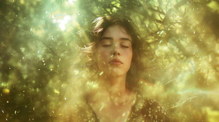 woman self love and green spring nature , beautiful pragmaの素材