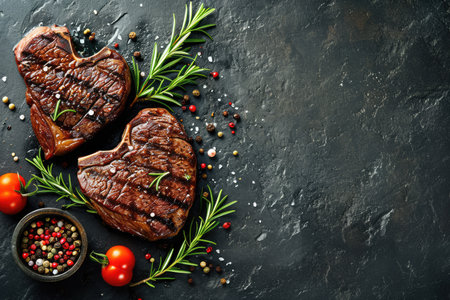 grilled beef steak for valentines day pragma in black backgroundの素材